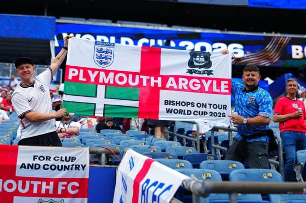 EFL club flags amongst the England fans England v Ghana, 2026 FIFA World Cup, WM, Weltmeisterschaft, Fussball Group L, Football, Boston Stadium, Foxborough, Massachusetts, USA - 23 Jun 2026Foxborough Boston Stadium Massachusetts (MA) United States of America EDITORIAL USE ONLY No use with unauthorised audio, video, data, fixture lists, club league logos or live services. Online in-match use limited to 120 images, no video emulation. No use in betting, games or single club league player publications.  Copyright: xJavierxGarcia Shutterstockx 16956021af