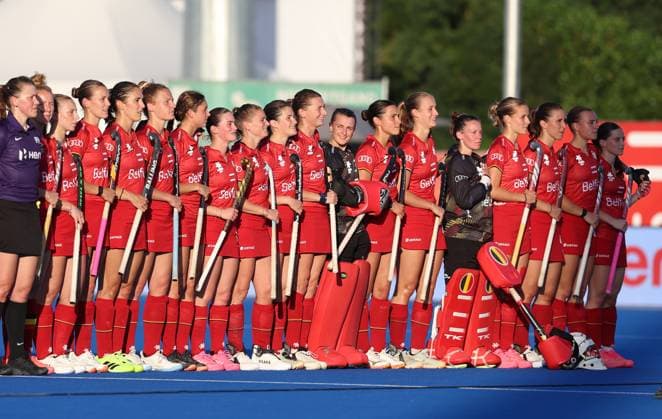 Belgium s players pictured at the start of a hockey game between Belgian national team, Nationalteam Red Panthers and Australia, Tuesday 23 June 2026 in Wavre, match 13 16 in the group stage of the women s FIH Pro League competition. VIRGINIExLEFOUR  x179004700x