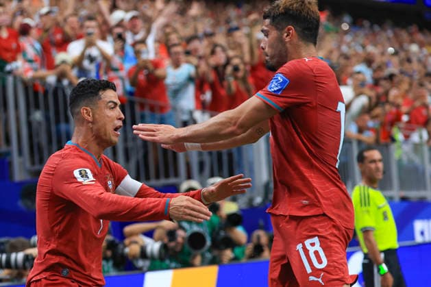 Cristiano Ronaldo (L) of Portugal celebrates after scoring a goal during the Group K soccer match between Portugal and Uzbekistan at the 2026 FIFA World Cup, WM, Weltmeisterschaft, Fussball 2026 group stage match at the Houston stadium, United States, 23 June 2026. FIFA World Cup 2026 - Group K - Portugal vs Uzbekistan !ACHTUNG: NUR REDAKTIONELLE NUTZUNG!  Copyright: xCarlosxRamirezx GRAF4358 0859844073st