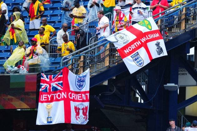 EFL club flags amongst the England fans England v Ghana, 2026 FIFA World Cup, WM, Weltmeisterschaft, Fussball Group L, Football, Boston Stadium, Foxborough, Massachusetts, USA - 23 Jun 2026Foxborough Boston Stadium Massachusetts (MA) United States of America EDITORIAL USE ONLY No use with unauthorised audio, video, data, fixture lists, club league logos or live services. Online in-match use limited to 120 images, no video emulation. No use in betting, games or single club league player publications.  Copyright: xJavierxGarcia Shutterstockx 16956021as