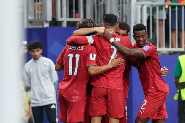 HOUSTON, TX - JUNE 23: Joao Felix 11 of Portugal is congratulated by teammates after scoring a goal off a corner kick during the FIFA World Cup, WM, Weltmeisterschaft, Fussball 2026 Group K match between Portugal and Uzbekistan on June 23, 2026, at Houston Stadium in Houston, Texas. (Photo by David Buono Icon Sportswire) SOCCER: JUN 23 FIFA World Cup 26 Group K - Portugal vs Uzbekistan EDITORIAL USE ONLY Icon260623054