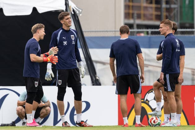 SOCCER - FIFA World Cup, WM, Weltmeisterschaft, Fussball 2026, preview SANTA BARBARA,CALIFORNIA,USA,23.JUN.26 - SOCCER - FIFA World Cup 2026, USA, Mexico, Canada, preview, OEFB, Oesterreichischer Fussball-Bund, training team AUT. Image shows Patrick Pentz, Florian Wiegele, Alexander Prass and Philipp Lienhart (AUT).  GEPAxpictures xArminxRauthner