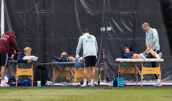 SOCCER - FIFA World Cup, WM, Weltmeisterschaft, Fussball 2026, preview SANTA BARBARA,CALIFORNIA,USA,23.JUN.26 - SOCCER - FIFA World Cup 2026, USA, Mexico, Canada, preview, OEFB, Oesterreichischer Fussball-Bund, training team AUT. Image shows Xaver Schlager, Konrad Laimer, Stefan Posch and Simon Stadler (AUT).  GEPAxpictures xArminxRauthner