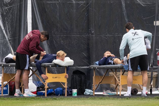 SOCCER - FIFA World Cup, WM, Weltmeisterschaft, Fussball 2026, preview SANTA BARBARA,CALIFORNIA,USA,23.JUN.26 - SOCCER - FIFA World Cup 2026, USA, Mexico, Canada, preview, OEFB, Oesterreichischer Fussball-Bund, training team AUT. Image shows Xaver Schlager and Konrad Laimer (AUT).  GEPAxpictures xArminxRauthner