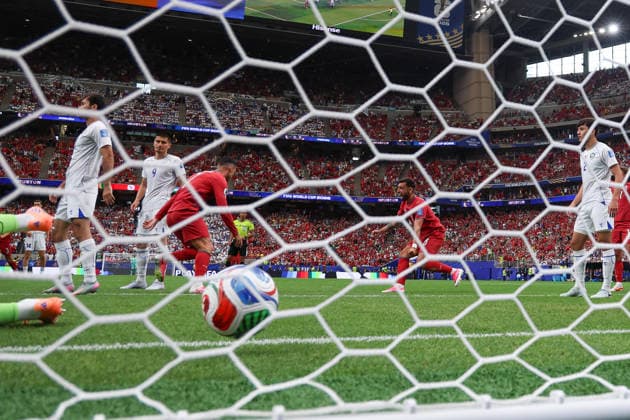 HOUSTON, TX - JUNE 23: Cristiano Ronaldo 7 of Portugal starts running to celebrate his first goal as Bruno Fernandes 8 of Portugal celebrates with him during the FIFA World Cup, WM, Weltmeisterschaft, Fussball 2026 Group K match between Portugal and Uzbekistan on June 23, 2026, at Houston Stadium in Houston, Texas. (Photo by David Buono Icon Sportswire) SOCCER: JUN 23 FIFA World Cup 26 Group K - Portugal vs Uzbekistan EDITORIAL USE ONLY Icon260623065
