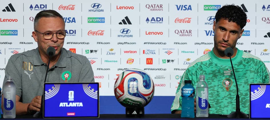 Football - FIFA World Cup, WM, Weltmeisterschaft, Fussball 2026 - Morocco press conference, PK, Pressekonferenz - Atlanta, USA. Mohamed Ouahbi, Morocco head coach and goalkeeper Munir El Kajoui of Morocco during the FIFA World Cup 2026 Morocco Press Conference at Atlanta Stadium, Atlanta, USA on 23 June 2026. Atlanta USA  Copyright: xMatrixxImagesx xLynnexGleesonx