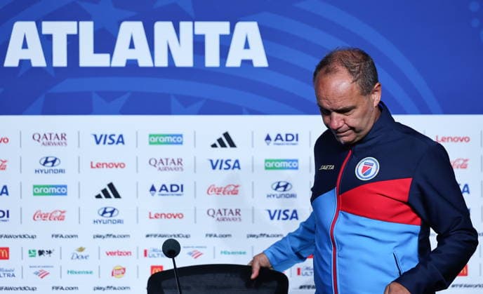FIFA World Cup, WM, Weltmeisterschaft, Fussball 2026 - Haiti press conference, PK, Pressekonferenz Haiti™s national soccer team head coach Sebastien Migne attends a press conference in Atlanta, Georgia, USA, 23 June 2026. Morocco will face Haiti on 24 June in a FIFA World Cup 2026 group C match. ATLANTA United States  Copyright: xRONALDxWITTEKx
