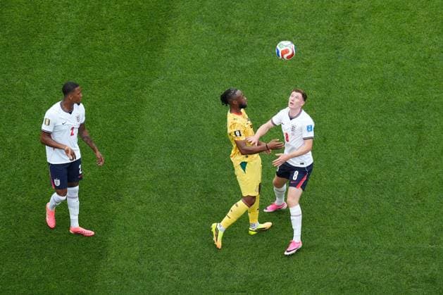Elliot Anderson of England and Antoine Semenyo of Ghana England v Ghana, 2026 FIFA World Cup, WM, Weltmeisterschaft, Fussball Group L, Football, Boston Stadium, Foxborough, Massachusetts, USA - 23 Jun 2026Foxborough Boston Stadium Massachusetts (MA) United States of America EDITORIAL USE ONLY No use with unauthorised audio, video, data, fixture lists, club league logos or live services. Online in-match use limited to 120 images, no video emulation. No use in betting, games or single club league player publications.  Copyright: xIsmaelxAdnan Shutterstockx 16956027bx