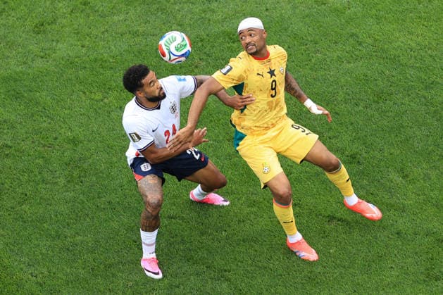 Football - FIFA World Cup, WM, Weltmeisterschaft, Fussball - Group L - England v Ghana 23rd June 2026 - FIFA World Cup - Group L - England v Ghana - Jordan Ayew of Ghana and Reece James of England - Photo: Simon Stacpoole Offside. Foxborough USA *** Fußball – FIFA-Weltmeisterschaft, Gruppe L  Copyright: xSimonxStacpoolexOffside