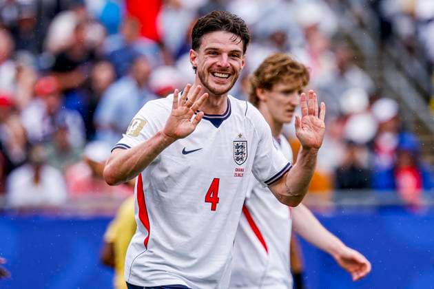 Declan Rice of England gestures , Group L - FIFA World Cup, WM, Weltmeisterschaft, Fussball 2026, England v Ghana, Boston Stadium, June 23, 2026, Boston, United States.