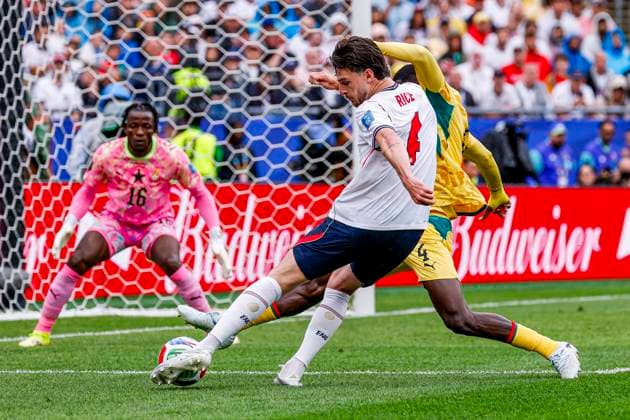 Declan Rice of England shoots on goal , Group L - FIFA World Cup, WM, Weltmeisterschaft, Fussball 2026, England v Ghana, Boston Stadium, June 23, 2026, Boston, United States.