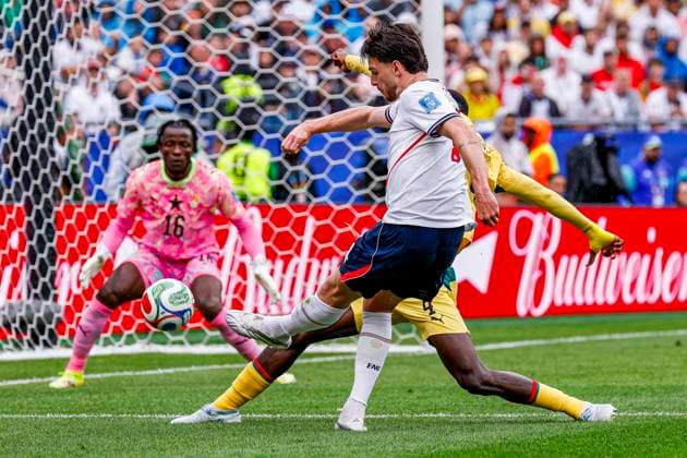 Declan Rice of England shoots on goal , Group L - FIFA World Cup, WM, Weltmeisterschaft, Fussball 2026, England v Ghana, Boston Stadium, June 23, 2026, Boston, United States.