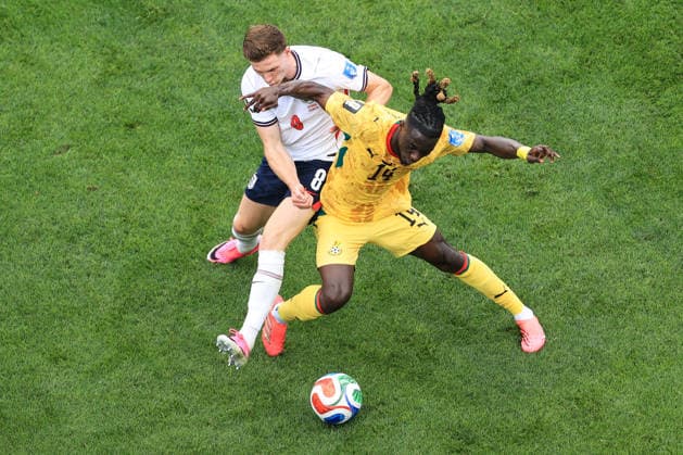 Football - FIFA World Cup, WM, Weltmeisterschaft, Fussball - Group L - England v Ghana 23rd June 2026 - FIFA World Cup - Group L - England v Ghana - Elliot Anderson of England and Gideon Mensah of Ghana - Photo: Simon Stacpoole Offside. Foxborough USA *** Fußball – FIFA-Weltmeisterschaft, Gruppe L  Copyright: xSimonxStacpoolexOffside
