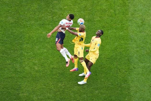 Kwasi Sibo of Ghana and Jude Bellingham of England England v Ghana, 2026 FIFA World Cup, WM, Weltmeisterschaft, Fussball Group L, Football, Boston Stadium, Foxborough, Massachusetts, USA - 23 Jun 2026Foxborough Boston Stadium Massachusetts (MA) United States of America EDITORIAL USE ONLY No use with unauthorised audio, video, data, fixture lists, club league logos or live services. Online in-match use limited to 120 images, no video emulation. No use in betting, games or single club league player publications.  Copyright: xIsmaelxAdnan Shutterstockx 16956027ci