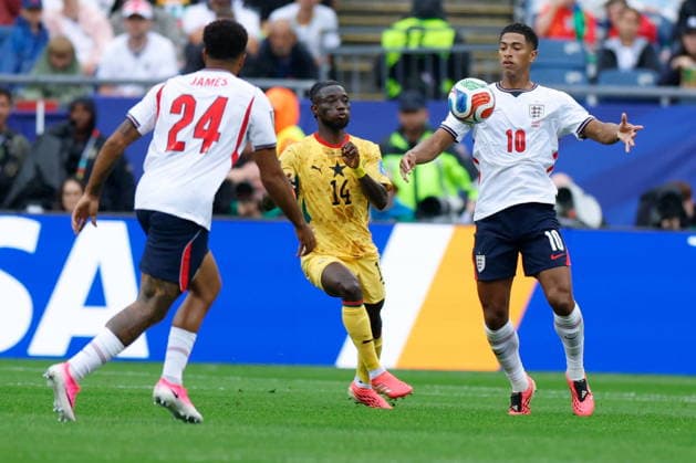 BOSTON STADIUM FOXBOROUGH MASSACHUSETTS USA 23.06.2026 FIFA MISTRZOSTWA SWIATA 2026 W PILKA NOZNA W USA MECZ GRUPA L ENGLAND I AND GHANA FIFA World Cup, WM, Weltmeisterschaft, Fussball 2026 Group L match between England and Ghana at Boston Stadium in Foxborough, Massachusetts on June 23, 2026 N Z Ghana defender Gideon Mensah (14) England midfielder Jude Bellingham (10) KAMIL KRZACZYNSKI NEWSPIX.PL --- newspix.pl POLAND OUT!  KSK