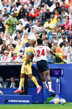 June 23, 2026; Foxborough, Massachusetts, USA; Ghana forward Jordan Ayew (9) and England defender Reece James (24) compete for a header in a FIFA World Cup, WM, Weltmeisterschaft, Fussball 2026 Group L match between England and Ghana at Boston Stadium. (c) CSM - ZUMAc04_ 20260623_zma_c04_019 Copyright: xBurtxGranofskyx