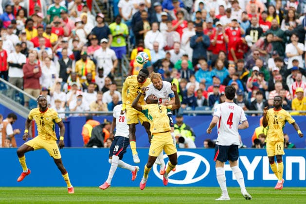 June 23, 2026; Foxborough, Massachusetts, USA; Ghana defender Jonas Adjetey (4), Ghana midfielder Thomas Partey (5), and England forward Harry Kane (9) compete for a header in a FIFA World Cup, WM, Weltmeisterschaft, Fussball 2026 Group L match between England and Ghana at Boston Stadium. (c) CSM - ZUMAc04_ 20260623_zma_c04_021 Copyright: xBurtxGranofskyx