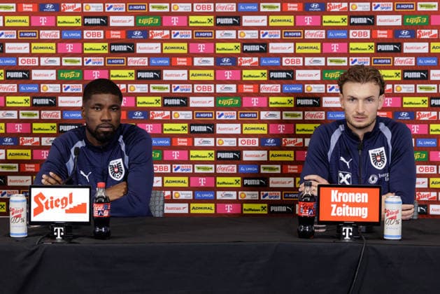 SOCCER - FIFA World Cup, WM, Weltmeisterschaft, Fussball 2026, preview SANTA BARBARA,CALIFORNIA,USA,23.JUN.26 - SOCCER - FIFA World Cup 2026, USA, Mexico, Canada, preview, OEFB, Oesterreichischer Fussball-Bund, press conference, PK, Pressekonferenz team AUT. Image shows Kevin Danso and Stefan Posch (AUT).  GEPAxpictures xArminxRauthner