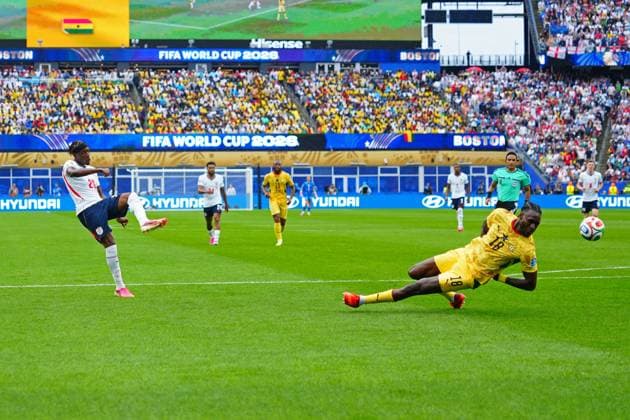 Noni Madueke of England has a shot England v Ghana, 2026 FIFA World Cup, WM, Weltmeisterschaft, Fussball Group L, Football, Boston Stadium, Foxborough, Massachusetts, USA - 23 Jun 2026Foxborough Boston Stadium Massachusetts (MA) United States of America EDITORIAL USE ONLY No use with unauthorised audio, video, data, fixture lists, club league logos or live services. Online in-match use limited to 120 images, no video emulation. No use in betting, games or single club league player publications.  Copyright: xJavierxGarcia Shutterstockx 16956021cu