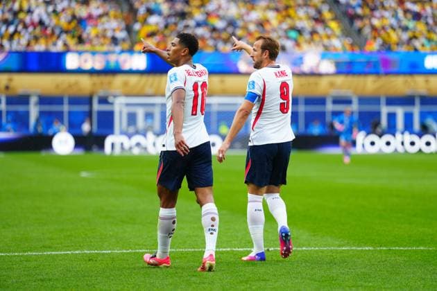 Jude Bellingham and Harry Kane of England England v Ghana, 2026 FIFA World Cup, WM, Weltmeisterschaft, Fussball Group L, Football, Boston Stadium, Foxborough, Massachusetts, USA - 23 Jun 2026Foxborough Boston Stadium Massachusetts (MA) United States of America EDITORIAL USE ONLY No use with unauthorised audio, video, data, fixture lists, club league logos or live services. Online in-match use limited to 120 images, no video emulation. No use in betting, games or single club league player publications.  Copyright: xJavierxGarcia Shutterstockx 16956021cx