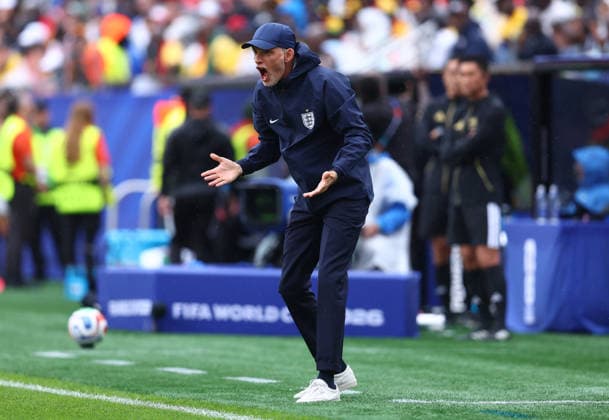 Foxborough, USA, 23rd June 2026. Thomas Tuchel coach of England rages on the touchline during the England vs Ghana FIFA World Cup, WM, Weltmeisterschaft, Fussball match at Gillette Stadium, Foxborough. Picture credit should read: Paul Terry Sportimage EDITORIAL USE ONLY. No use with unauthorised audio, video, data, fixture lists, club league logos or live services. Online in-match use limited to 120 images, no video emulation. No use in betting, games or single club league player publications. SPI_089_PT_Eng_Ghana SPI-4840-0095