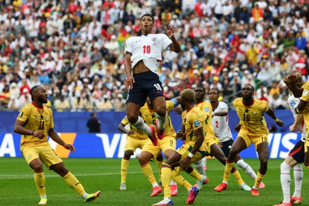 Jude Bellingham of England jumps for a header during the FIFA World Cup, WM, Weltmeisterschaft, Fussball 2026 match between England and Ghana at Gillette Stadium, Boston, USA on 23 June 2026. Copyright: xPeterxDovganx 45110012
