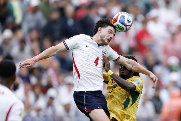 FOXBOROUGH - (LR) Declan Rice of England, Caleb Yirenkyi of Ghana during the FIFA 2026 World Cup Group L match between England and Ghana at Boston Stadium on June 23, 2026 in Foxborough, United States. MAURICE VAN STEEN ANP FIFA World Cup, WM, Weltmeisterschaft, Fussball 2026 2026 xVIxANPxSportx xMauricexvanxSteenxIVx 561781243 originalFilename: 561781243.jpg