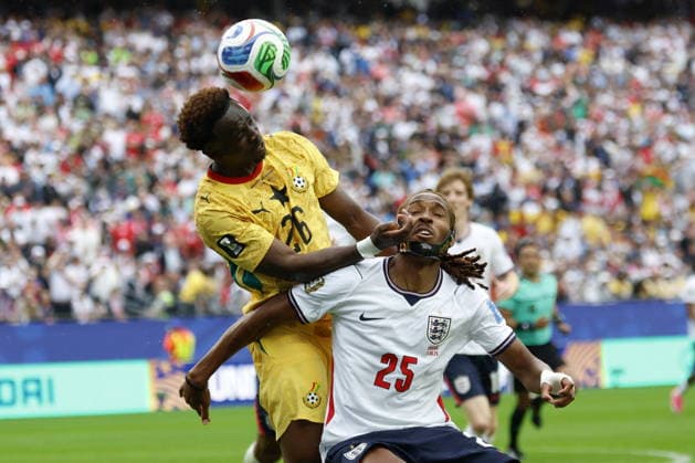 FIFA World Cup, WM, Weltmeisterschaft, Fussball 2026 - Group L - England vs Ghana Marvin Senaya of Ghana (L) and Prince Kwabena Adu of Ghana (R) during the FIFA World Cup 2026 group stage match England against Ghana, in Boston, Massachusetts, USA, 23 June 2026. Foxborough United States  Copyright: xGREGxM.xCOOPERx