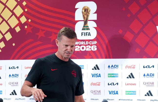 Ahead of Switzerland v Canada - FIFA World Cup, WM, Weltmeisterschaft, Fussball 2026 VANCOUVER, CANADA - JUNE 23: Head coach Jesse Marsch, and footballer Jonathan David (not seen) of Canada speak to press ahead of the FIFA 2026 World Cup Group 3 match between Switzerland and Canada at BC Place Stadium in Vancouver, British Columbia, Canada on June 23, 2026. Ercin Erturk Anadolu Vancouver Canada. Editorial use only. Please get in touch for any other usage.  Copyright: x2026xAnadoluxErcinxErturkx