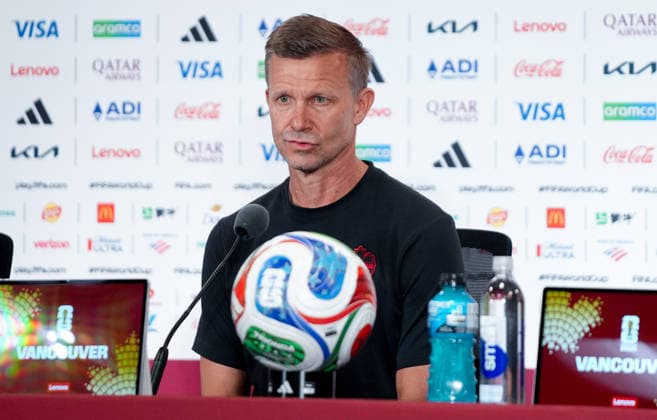 Ahead of Switzerland v Canada - FIFA World Cup, WM, Weltmeisterschaft, Fussball 2026 VANCOUVER, CANADA - JUNE 23: Head coach Jesse Marsch, and footballer Jonathan David (not seen) of Canada speak to press ahead of the FIFA 2026 World Cup Group 3 match between Switzerland and Canada at BC Place Stadium in Vancouver, British Columbia, Canada on June 23, 2026. Ercin Erturk Anadolu Vancouver Canada. Editorial use only. Please get in touch for any other usage.  Copyright: x2026xAnadoluxErcinxErturkx