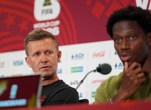 Ahead of Switzerland v Canada - FIFA World Cup, WM, Weltmeisterschaft, Fussball 2026 VANCOUVER, CANADA - JUNE 23: Head coach Jesse Marsch, and footballer Jonathan David (R) of Canada speak to press ahead of the FIFA 2026 World Cup Group 3 match between Switzerland and Canada at BC Place Stadium in Vancouver, British Columbia, Canada on June 23, 2026. Ercin Erturk Anadolu Vancouver Canada. Editorial use only. Please get in touch for any other usage.  Copyright: x2026xAnadoluxErcinxErturkx