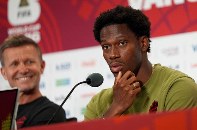 Ahead of Switzerland v Canada - FIFA World Cup, WM, Weltmeisterschaft, Fussball 2026 VANCOUVER, CANADA - JUNE 23: Head coach Jesse Marsch, and footballer Jonathan David (R) of Canada speak to press ahead of the FIFA 2026 World Cup Group 3 match between Switzerland and Canada at BC Place Stadium in Vancouver, British Columbia, Canada on June 23, 2026. Ercin Erturk Anadolu Vancouver Canada. Editorial use only. Please get in touch for any other usage.  Copyright: x2026xAnadoluxErcinxErturkx