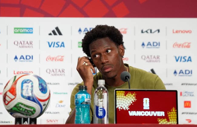 Ahead of Switzerland v Canada - FIFA World Cup, WM, Weltmeisterschaft, Fussball 2026 VANCOUVER, CANADA - JUNE 23: Head coach Jesse Marsch (not seen), and footballer Jonathan David of Canada speak to press ahead of the FIFA 2026 World Cup Group 3 match between Switzerland and Canada at BC Place Stadium in Vancouver, British Columbia, Canada on June 23, 2026. Ercin Erturk Anadolu Vancouver Canada. Editorial use only. Please get in touch for any other usage.  Copyright: x2026xAnadoluxErcinxErturkx