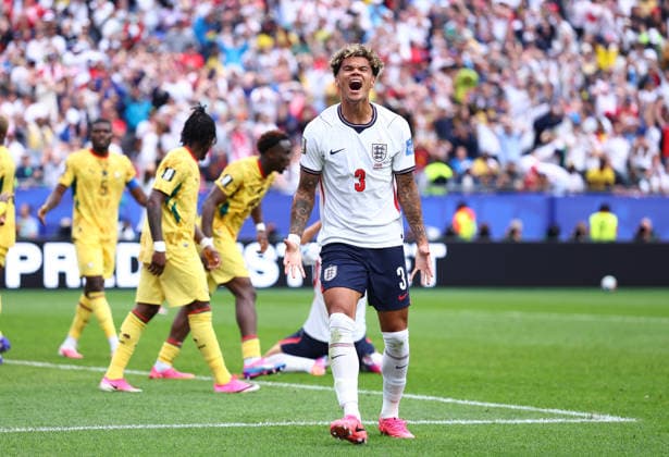 Foxborough, USA, 23rd June 2026. Nico O Reilly of England reacts after heading against the bar during the England vs Ghana FIFA World Cup, WM, Weltmeisterschaft, Fussball match at Gillette Stadium, Foxborough. Picture credit should read: Paul Terry Sportimage EDITORIAL USE ONLY. No use with unauthorised audio, video, data, fixture lists, club league logos or live services. Online in-match use limited to 120 images, no video emulation. No use in betting, games or single club league player publications. SPI_106_PT_Eng_Ghana SPI-4840-0112