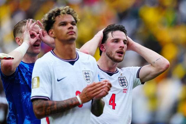Jordan Pickford and Declan Rice of England at full time England v Ghana, 2026 FIFA World Cup, WM, Weltmeisterschaft, Fussball Group L, Football, Boston Stadium, Foxborough, Massachusetts, USA - 23 Jun 2026Foxborough Boston Stadium Massachusetts (MA) United States of America EDITORIAL USE ONLY No use with unauthorised audio, video, data, fixture lists, club league logos or live services. Online in-match use limited to 120 images, no video emulation. No use in betting, games or single club league player publications.  Copyright: xJavierxGarcia Shutterstockx 16956021eh