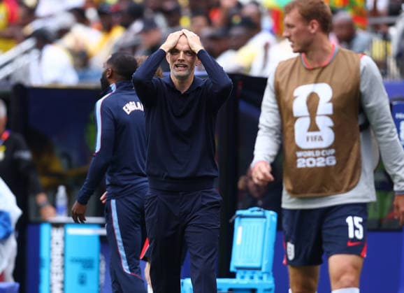 Foxborough, USA, 23rd June 2026. Thomas Tuchel coach of England reacts during the England vs Ghana FIFA World Cup, WM, Weltmeisterschaft, Fussball match at Gillette Stadium, Foxborough. Picture credit should read: Paul Terry Sportimage EDITORIAL USE ONLY. No use with unauthorised audio, video, data, fixture lists, club league logos or live services. Online in-match use limited to 120 images, no video emulation. No use in betting, games or single club league player publications. SPI_125_PT_Eng_Ghana SPI-4840-0131