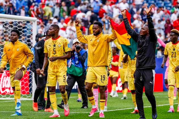 Thomas Partey of Ghana and Inaki Williams of Ghana and team of Ghana celebrates , Group L - FIFA World Cup, WM, Weltmeisterschaft, Fussball 2026, England v Ghana, Boston Stadium, June 23, 2026, Boston, United States.