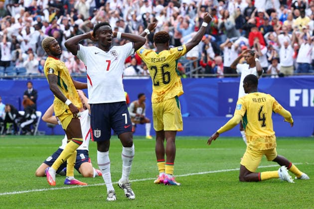 FIFA World Cup, WM, Weltmeisterschaft, Fussball 2026: England v Ghana BOSTON, USA - 23rd June 2026: Bukayo Saka of England reacts as Harry Kane of England shoots over the bar during the FIFA World Cup 2026 Group L match between England and Ghana at Boston Stadium Boston Boston Stadium United States of America Copyright: xCraigxMercerx xPeakxActionxPhotosx