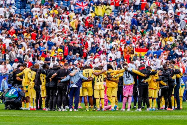 team of Ghana form a huddle after the final whistle , Group L - FIFA World Cup, WM, Weltmeisterschaft, Fussball 2026, England v Ghana, Boston Stadium, June 23, 2026, Boston, United States.