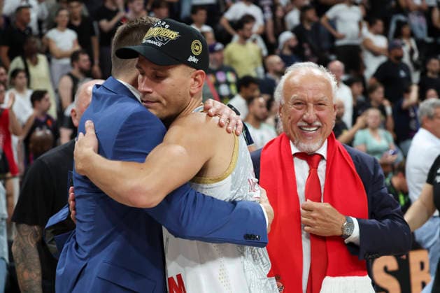 BASKET BALL : Paris Vs Monaco - Betclic Elite - 23 06 2026 Joie de Monaco en fin de match - Nemanja Nedovic (Monaco) - Aleksej Fedoricsev ParisFrance  Copyright: xMichaelxBaucherx