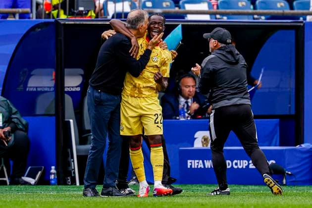 head coach Carlos Queiroz of Ghana and Kamaldeen Sulemana of Ghana celebrates after the final whistle , Group L - FIFA World Cup, WM, Weltmeisterschaft, Fussball 2026, England v Ghana, Boston Stadium, June 23, 2026, Boston, United States.