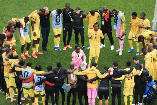 Football - FIFA World Cup, WM, Weltmeisterschaft, Fussball - Group L - England v Ghana 23rd June 2026 - FIFA World Cup - Group L - England v Ghana - Ghana players gather in a circle as Ghana goalkeeper Benjamin Asare prays after the match - Photo: Simon Stacpoole Offside. Foxborough USA *** Fußball – FIFA-Weltmeisterschaft, Gruppe L  Copyright: xSimonxStacpoolexOffside