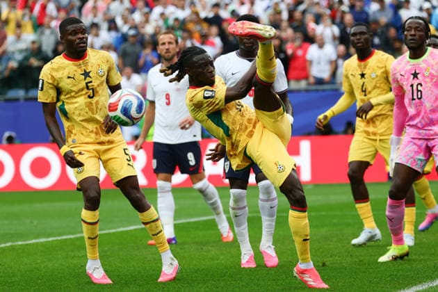 Gideon Mensah of Ghana kicks the ball during the FIFA World Cup, WM, Weltmeisterschaft, Fussball 2026 match between England and Ghana at Gillette Stadium, Boston, USA on 23 June 2026. Copyright: xPeterxDovganx 45110045