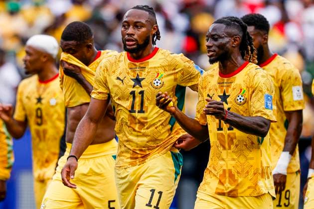 Antoine Semenyo of Ghana talks with Gideon Mensah of Ghana , Group L - FIFA World Cup, WM, Weltmeisterschaft, Fussball 2026, England v Ghana, Boston Stadium, June 23, 2026, Boston, United States.