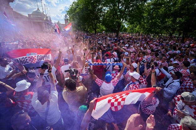 June 23, 2026, Toronto, On, Canada: Croatia fans march towards Toronto Stadium before a FIFA World Cup, WM, Weltmeisterschaft, Fussball group-stage soccer match against Panama in Toronto, on Tuesday, June 23, 2026. Canada News - June 23, 2026  - ZUMAc35_ 20260623_zaf_c35_124 Copyright: xSammyxKoganx