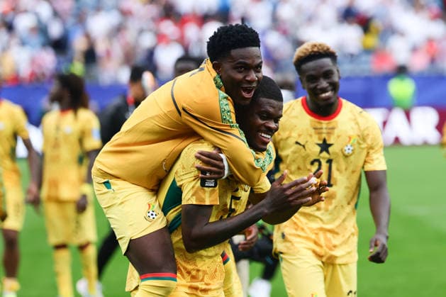 Thomas Partey of Ghana celebrates with team mates after drawing with England 0-0 during the FIFA World Cup, WM, Weltmeisterschaft, Fussball 2026 match between England and Ghana at Gillette Stadium, Boston, USA on 23 June 2026. Copyright: xPeterxDovganx 45110061