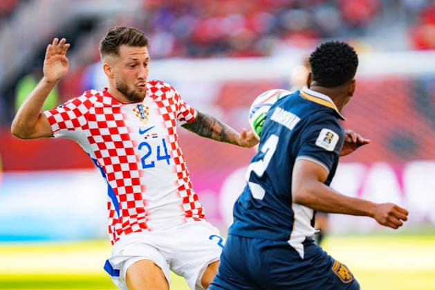 FIFA Fussball Weltmeisterschaft 2026, Gruppe L, Spiel 2, Panama vs. Kroatien, 23.06.2026 im Toronto Stadium, Toronto Marco Pasalic (Kroatien) Cesar Blackman (Panama) *** 2026 FIFA World Cup, Group L, Match 2, Panama vs. Croatia, June 23, 2026, at Toronto Stadium, Toronto; Marco Pasalic (Croatia), Cesar Blackman (Panama),detected_source_language Copyright: xBahhoxKarax