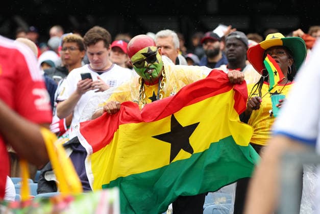 FOXBOROUGH, MA - JUNE 23: A fan of Ghana during the FIFA World Cup, WM, Weltmeisterschaft, Fussball 2026 Group L match between England and Ghana on June 23, 2026, at Boston Stadium in Foxborough, MA. (Photo by M. Anthony Nesmith Icon Sportswire) SOCCER: JUN 23 FIFA World Cup 26 Group L - England vs Ghana EDITORIAL USE ONLY Icon26062336