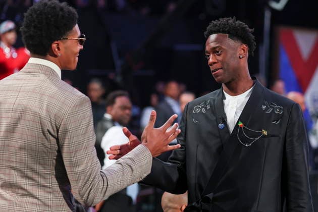 NBA, Basketball Herren, USA Draft round one at Barclays Center American basketball player AJ Dybantsa (R) reacts to being the first pick of the first round of the 2026 NBA Draft at the Barclays Center in the Brooklyn borough of New York, New York, USA, 23 June 2026. NEW YORK NEW YORK United States  Copyright: xSARAHxYENESELx