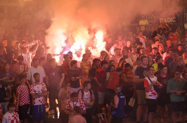 Celebration Croatia - Panama Croatian fans celebrate after the 1-0 win after the FIFA World Cup, WM, Weltmeisterschaft, Fussball 2026 Group L match between Panama and Croatia at Ban Jelacic Square in Zagreb, Croatia on June 24, 2026.  JosipxMikacic PIXSELL